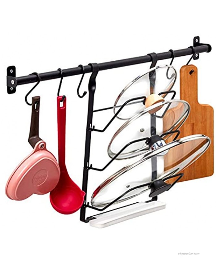EZOWare Hanging Pot Lid Organizer Holder Rack with Drainboard Set Includes 23.6 inch Kitchen Wall Mounted Rail Rod with 5 S Hooks for Utensils Pots Pans Lids Black