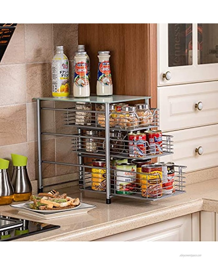 Flagship 3 Tier Sliding Backet Organizer Drawer with Crystal Tempered Glass Mesh Shelves for Spice Rack Countertop Kitchen Under Sink Drawer Bathroom Office Silver
