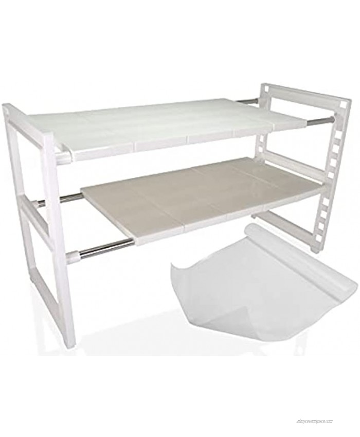 S7 360 2 Tier Under Sink Adjustable Shelf Organizer Rack White Expandable from 15 inch to 26 inch 40cm 70cm with 10 Removable Shelves Complete with Waterproof Anti-Slip Mat