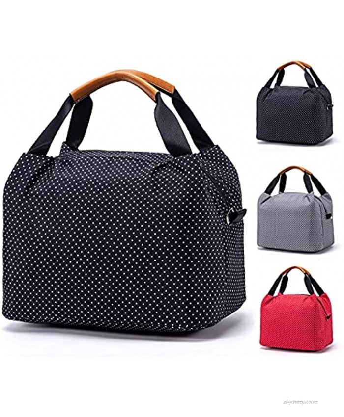 CALIYO Lunch Bag for Women Insulated Kids Lunch Container with Leather Holder Foldable Cute Small Cooler Polka Dot Lunch Tote Bag for Office School Picnic Camping Travel 9L,Black