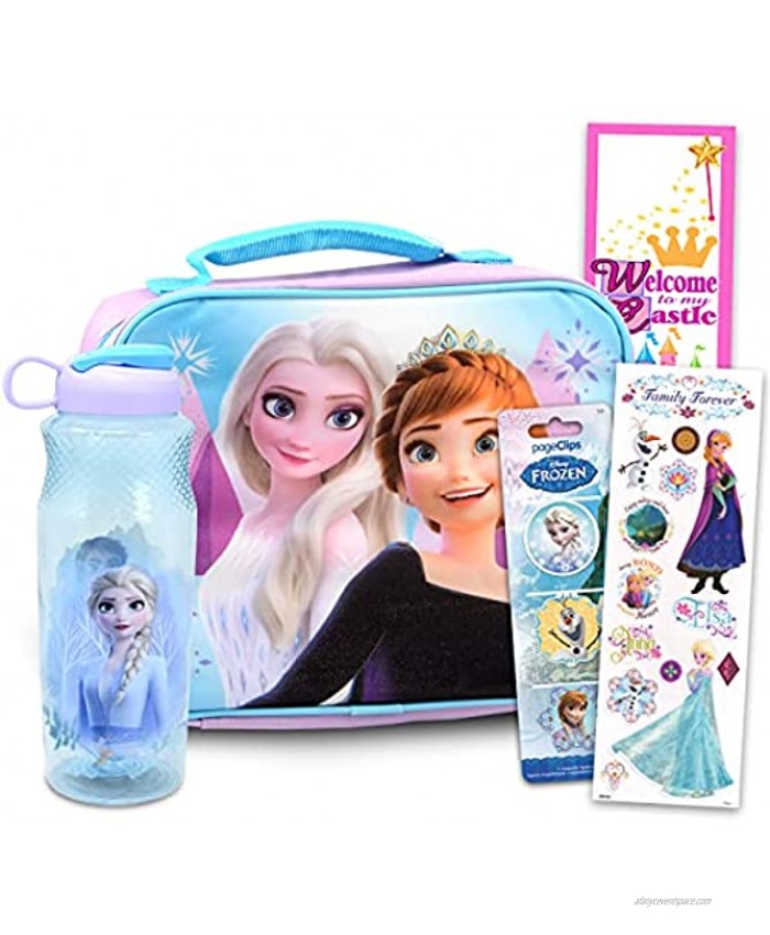 Disney Frozen Lunch Bag Bundle For Girls Kids ~ Frozen Lunch Box Set Featuring Anna And Elsa With Frozen Page Clips Stickers Water Bottle And More Frozen School Supplies