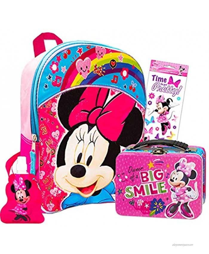 Disney Minnie Mouse Backpack and Lunch Box Bundle Set for Preschool Toddlers ~ Deluxe 11 Minnie Mouse Mini Backpack and Snack Tin with Water Bottle and Stickers Minnie Mouse School Supplies