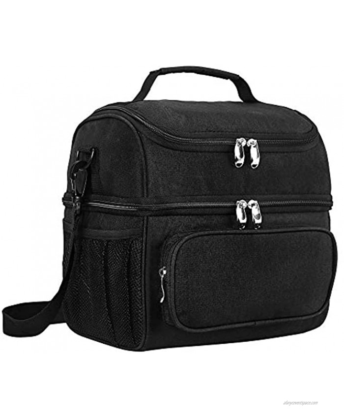 Dual Compartment lunch bag with Shoulder Strap Leakproof Insulated Cooler Bag Tote with Lunchbox Belt for Men Women Adults Work Black