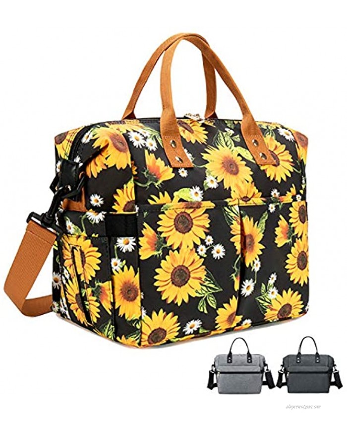 Insulated Lunch Bag Large Lunch Box Container with Multi-Pockets Leakproof Cooler Tote Bag with Adjustable Shoulder Strap for Adult Men Women Work Office Picnic-Sunflowers