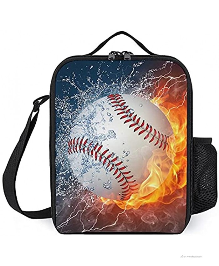Insulated Lunch Box for Girls Boys Leakproof Portable Lunch Bags with Adjustable Shoulder Strap and Side Pocket Durable Reusable Cooler Tote Bag for Beach Picnic Office Collega Fire Baseball