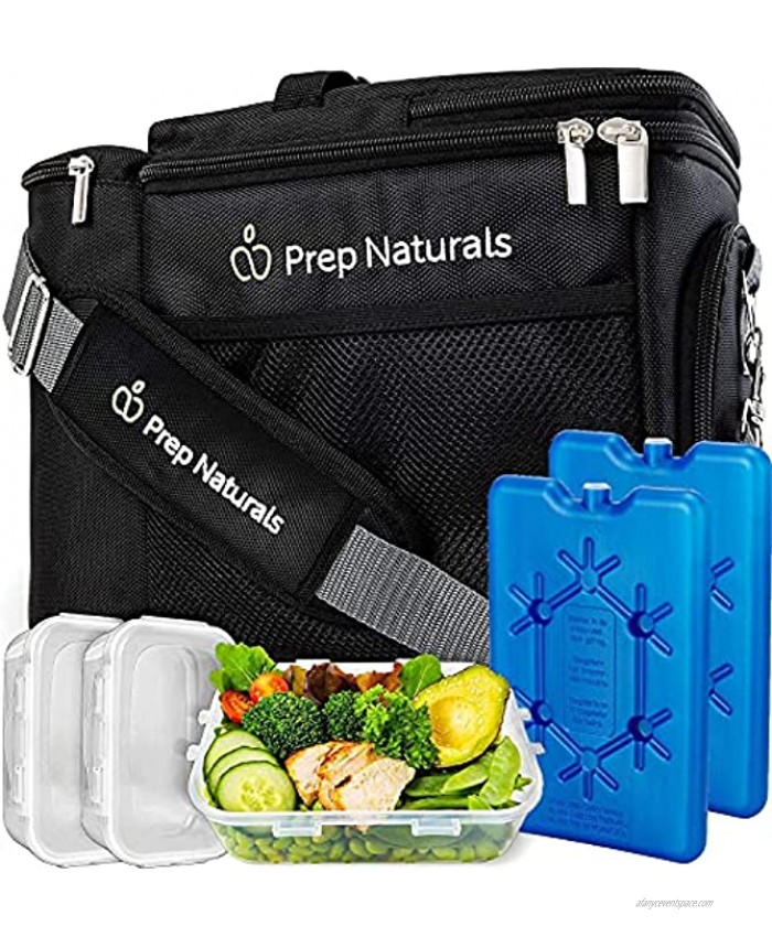 Insulated Lunch Box For Men Meal Prep Lunch Bag Women Men. Small Cooler Bag Includes 3 Lunch Containers and Ice Packs. Adjustable shoulder strap. By Prep Naturals