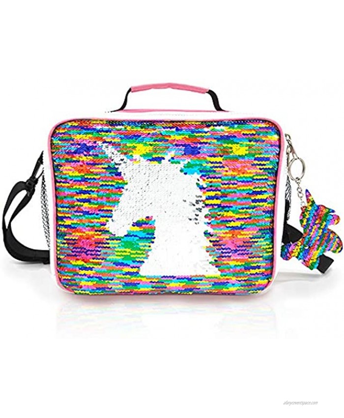 JYPS Insulated Unicorn Lunch Box for Kids Flip Sequin Girls Tote Lunch Bags with Shoulder Strap Handheld Reusable Lunch Box Bags Christmas Gifts for Girls at School