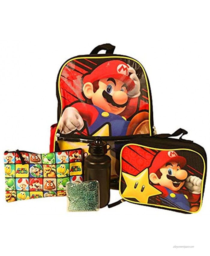 Kids Super Mario Backpack with Lunch Bag Set for Boys & Girls 16 inch 5 Piece Value Set
