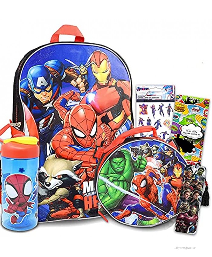 Marvel Avengers Backpack for Boys Girls Kids 7 Pc Bundle With 16 Superhero School Bag Lunch Bag Water Bottle Stickers And More Avengers School Supplies