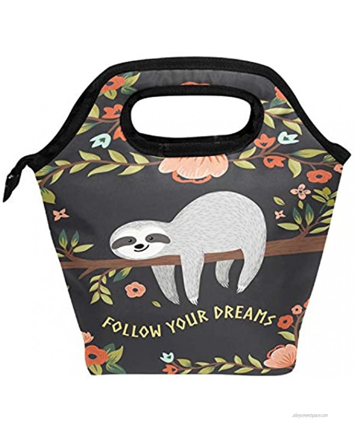 Wamika Kids Lunch Bag Funny Sloth On Tree Cute Animal Insulated Cooler Thermal Reusable Lunch Bag Box for School Children Students Girls Boys Sloths Cat Tropical Flower Floral Lunch Box Bag Women Men