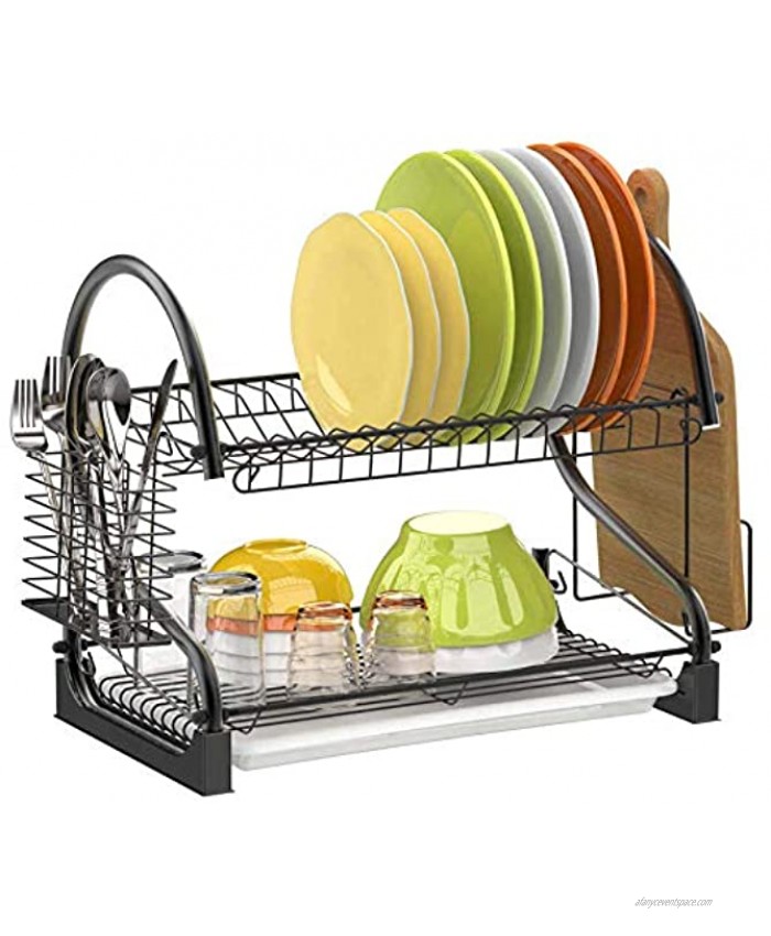 2 Tier Dish Rack GSlife Durable Dish Rack with Tray Utensil Holder & Cutting Board Holder for Kitchen Counter Dish Drainer for Small Kitchen Black
