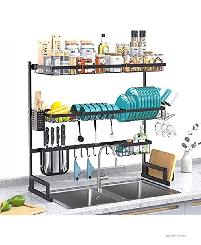3 Tier Over Sink Dish Drying Rack Adjustable Length35.5-42 Sink Drying Rack Stainless Steel Large Dish Rack Drainer for Kitchen Organizer Storage Space Saver with 8 Utility Hooks Black