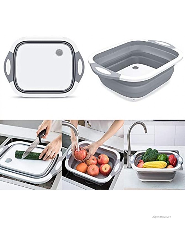 Collapsible Chop and Strain Cutting Board Mixing Bowl Colander Ice Bucket Fruit and Vegetable Container Basket Strainer with Draining Plug Multifunctional Kitchen Gadget for Indoor and Outdoor