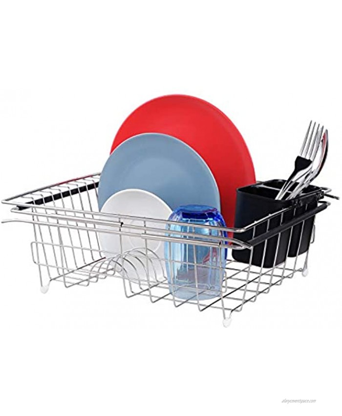 Dailyart in Sink Dish Drying Rack Expandable Dish Drying Rack Over The Sink 304 Stainless Steel Dish Rack Dish Drainer in Sink or On Counter with Black Utensil Silverware Holder,13.86x11.69x4.92