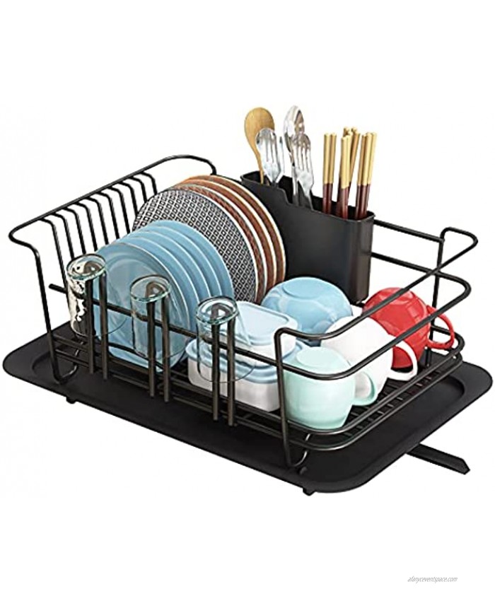 Dish Drying Rack 1Easylife Dish Drainer for Kitchen Rustproof Dish Rack and Drainboard Set with Removable Utensil Holder and Adjustable Swivel Spout Countertop or in Sink Dry Rack Black