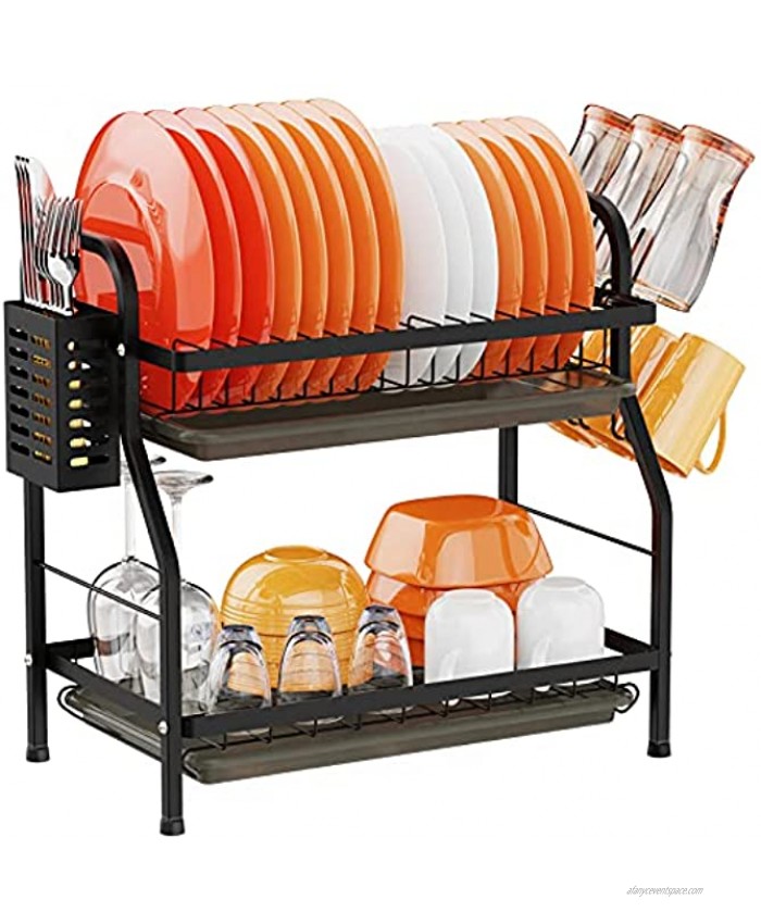 Dish Drying Rack for Kitchen Counter Swedecor Rust-Resistant 2 Tier Dish Rack with Utensil Holder Compact Dish Drainer with Tray and Glass Holder Black