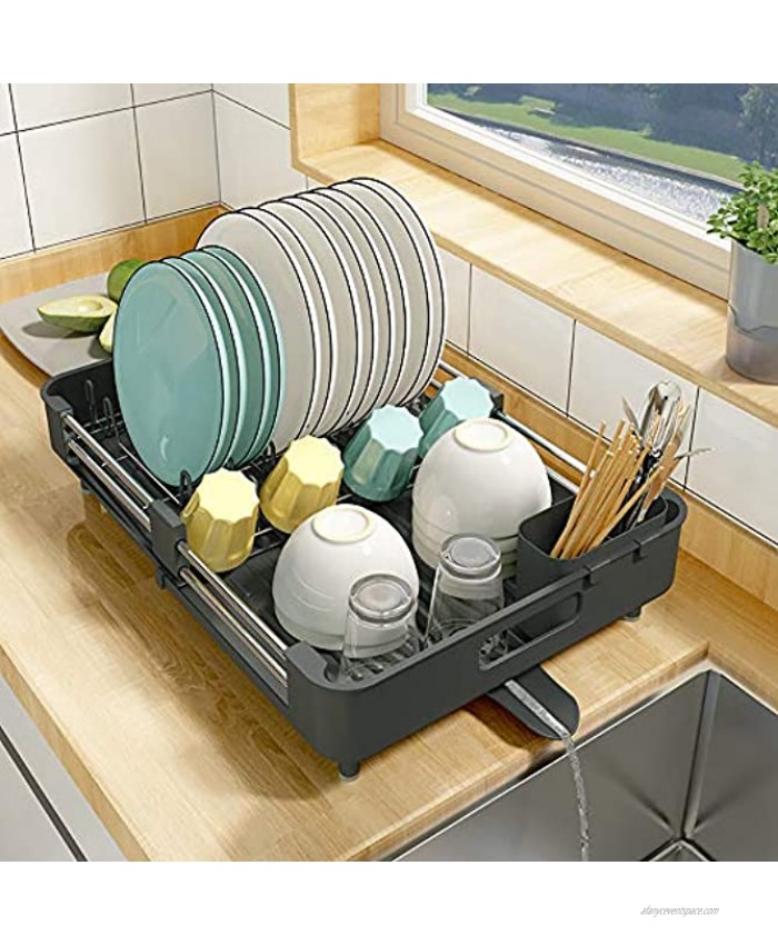 Dish Drying Rack Kitchen Dish Drainer Rack Expandable13.2-19.7 Stainless Steel Sink Organizer Dish Rack and Drainboard Set with Utensil Holder Cups Holder for Kitchen Counter