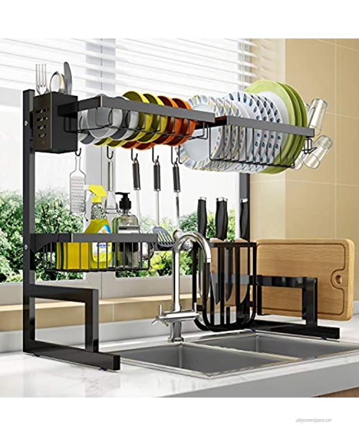 Dish Drying Rack Over Sink Adjustable 25.6-33.5,2 Tier Stainless Steel Length Expandable Kitchen Dish Rack,Large Dish Rack Drainer for Kitchen Organizer Storage Space Saver with 10 Utility Hooks