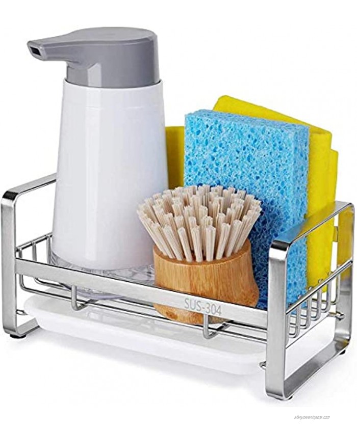 HULISEN Kitchen Sink Sponge Holder 304 Stainless Steel Kitchen Soap Dispenser Caddy Organizer Countertop Soap Dish Rack Drainer with Removable Drain Tray not Including Dispenser and Brush