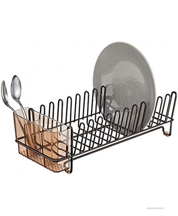 mDesign Compact Modern Kitchen Countertop Sink Dish Drying Rack Removable Cutlery Tray Drain and Dry Wine Glasses Bowls and Dishes Metal Wire Drainer in Bronze with Amber Brown Caddy