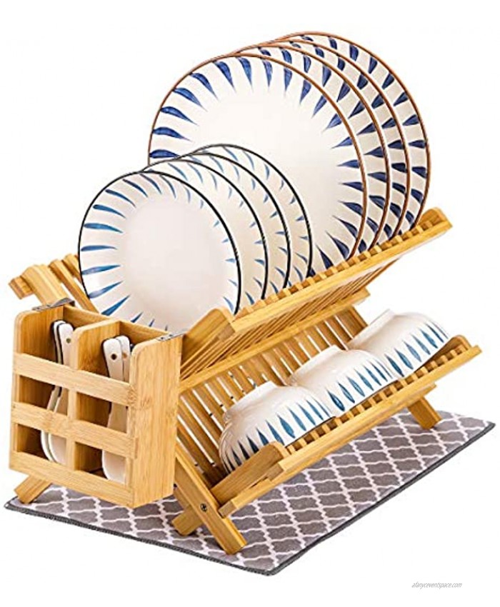 MJM Dish Rack Set Bamboo Dish Drying Rack Dish Drainer Kitchen Rack Dish Holder Plate Rack Drying Mat Collapsible Dish Rack Kitchen Counter Dish Dryer Utensil Holder