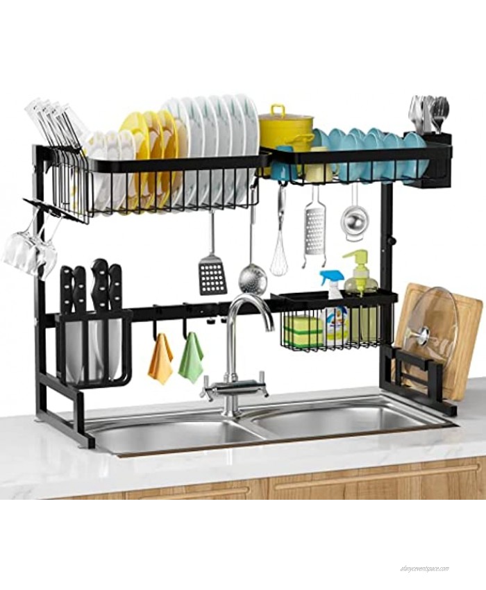 Over The Sink Dish Drying Rack MERRYBOX 2-Tier Adjustable Length 25.6-33.5in Stainless Steel Dish Drainer with Cutting Board Holder Large Dish Rack for Kitchen Counter Organizer Space Saver