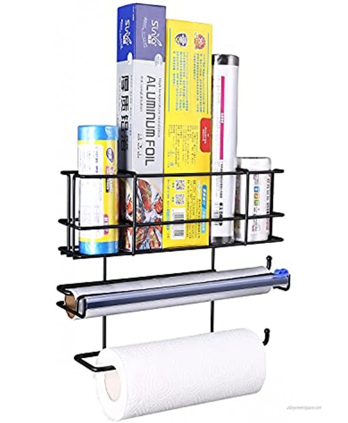 3-in-1 Wall Door Refrigerator Mount Storage Shelf Kitchen Aluminum Foil Plastic Wrap Organizer Rack with Cutter and Paper Towel Holder Mounts Securely on Wall or Fridge Surfaces Black