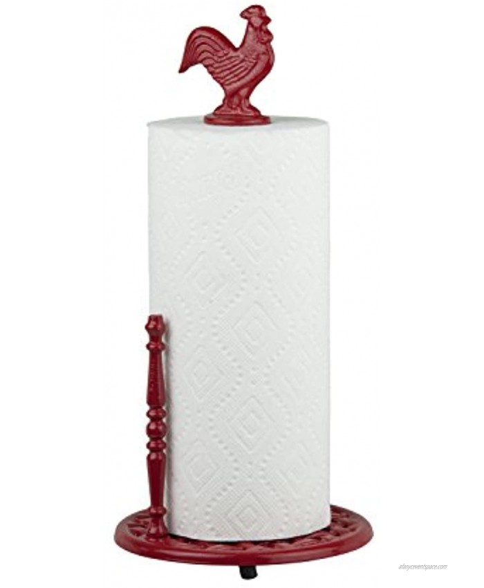 Home Basics Cast Iron Rooster Paper Towel Holder Dispenser Stand Easy One-Handed Tear for Kitchen Countertop – Standard Paper Towel Roll Weighted Base and Anti-Slip Red