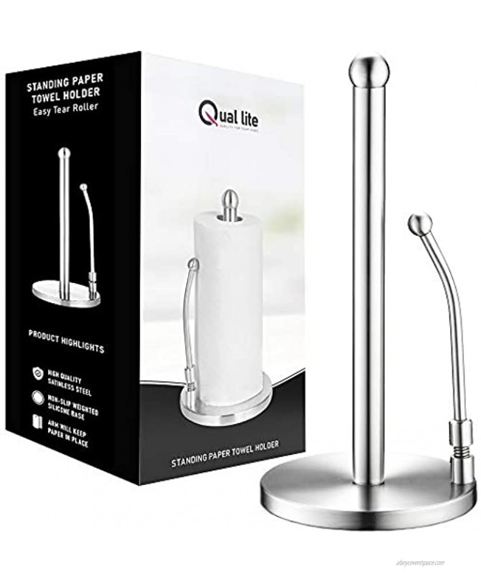 QUAL-LITE Stainless Steel Paper Towel Holder Stand Weighted Paper Towel Organizer with Tension Arm for Any Tissue Roll Size Modern Countertop Paper Towel Holder Rust-Proof