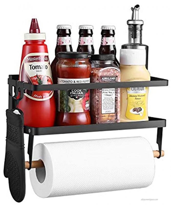ZITRONE Magnetic Paper Towel Holder for Refrigerator 2-in-1 Foldable Magnetic Spice Rack Strong Magnetic Shelf Fridge Organizer Counter Space Saver for Kitchen Apartment Black