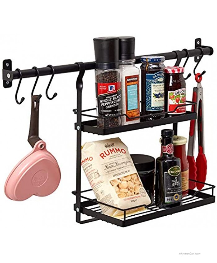 EZOWare Kitchen Wall Mount Utensil Holder Organizer Set 23.6 Hanging Rail Rod 2 Tier Foldable Spice Rack and 5 S Hooks for Hanging Spices Condiments Pots Pans Lids Utensils Black