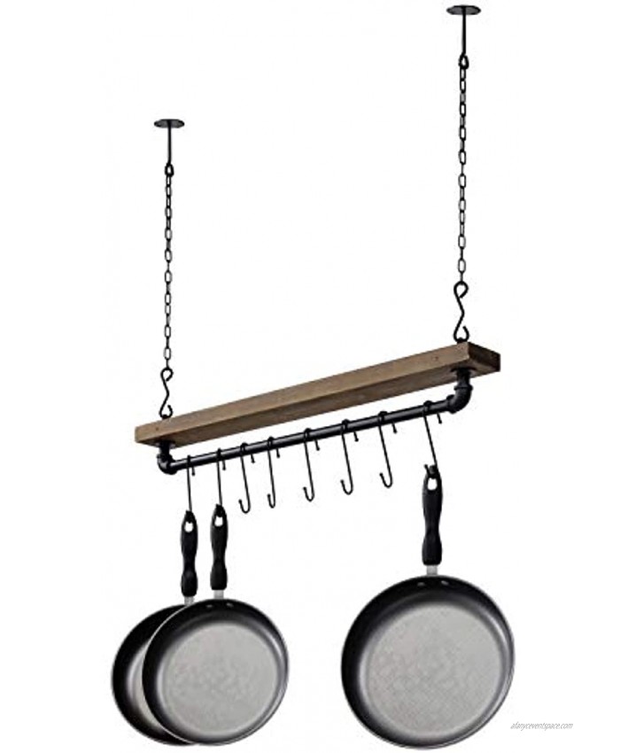 MyGift Industrial Pipe & Wood Ceiling Mounted Hanging Pot Rack with 8 S-Hooks