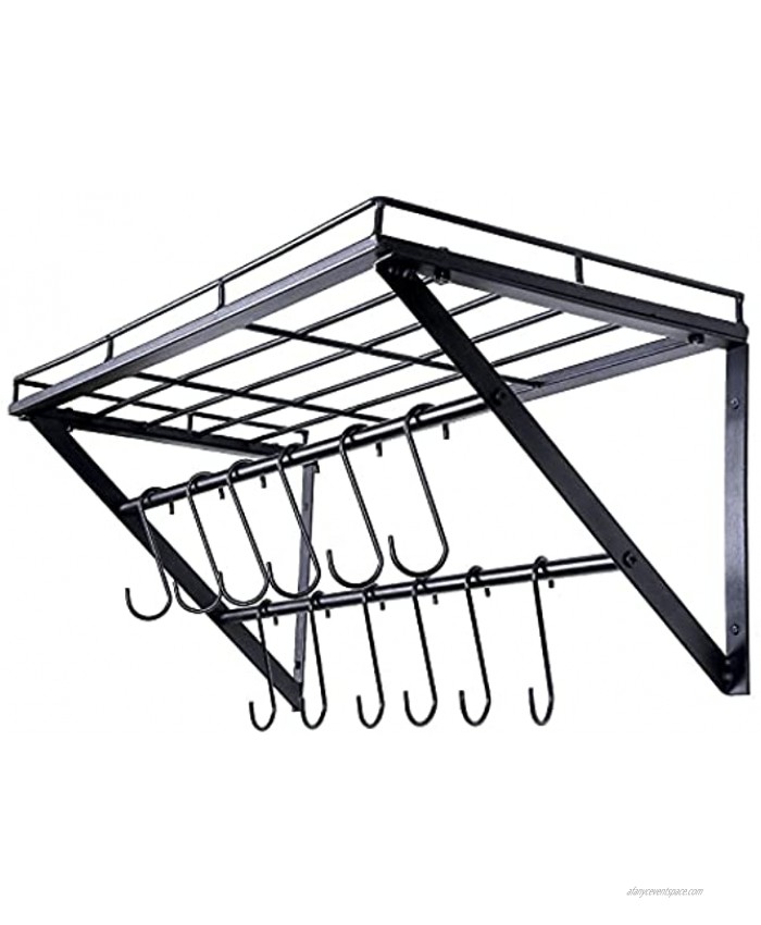 OROPY 23 Inch Wall Mounted Pot Rack Storage Shelf with 2 Tier Hanging Rails 12 S Hooks included Ideal for Pans Utensils Cookware Plant Black