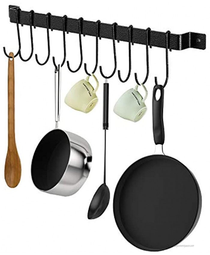X-Chef Kitchen Rail with 10 S Hooks 17inch Utensil Rack Wall Mounted for Pot Pan Lid Spatula Kitchen Hooks for Utensils Black