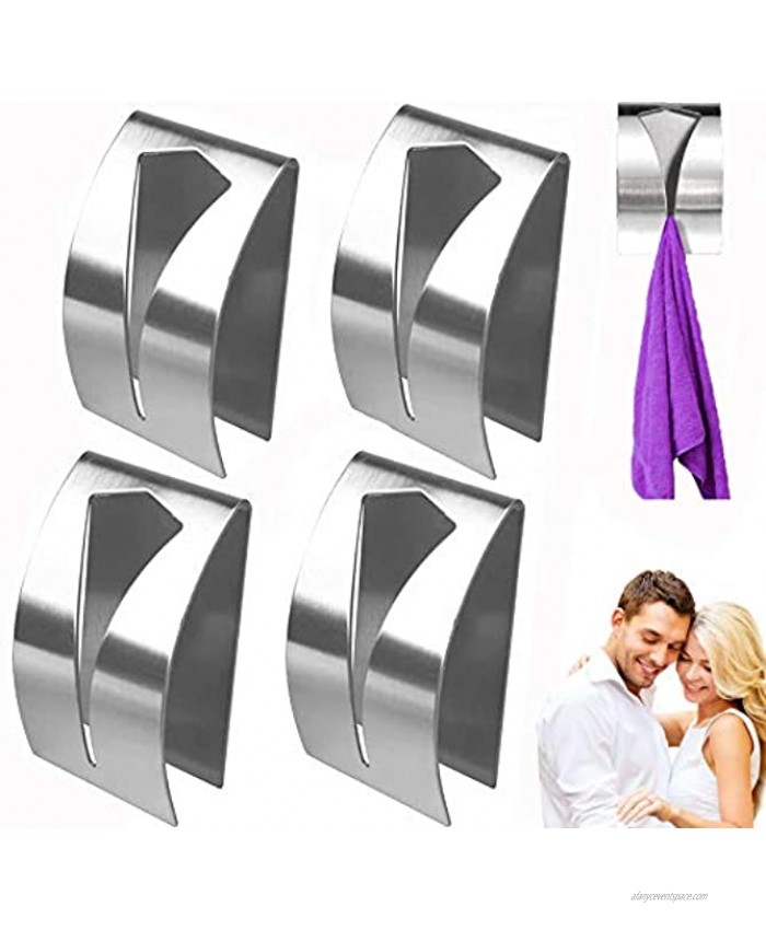 4 Pcs Adhesive Towel Hook Holder Grabber Non-Drilling Wall Mount Stainless Steel Easily Removed and Replaced in a New Location for Kitchen Dish Towel Hanger Hand Towel Bathroom Towel