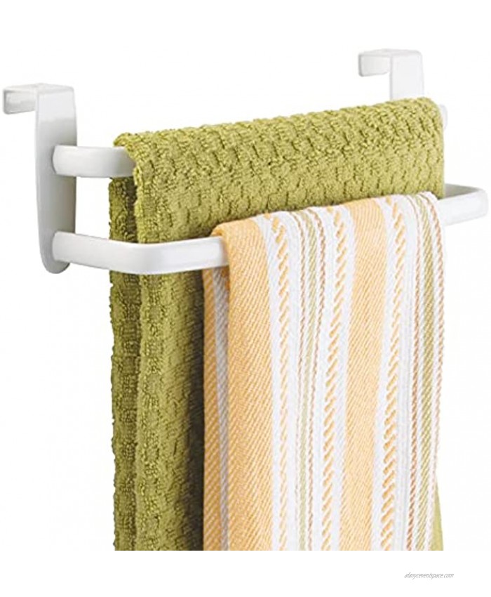 mDesign Metal Modern Kitchen Over Cabinet Double Towel Bar Rack Hang on Inside or Outside of Doors Storage and Organization for Hand Dish Tea Towels 9.75 Wide White