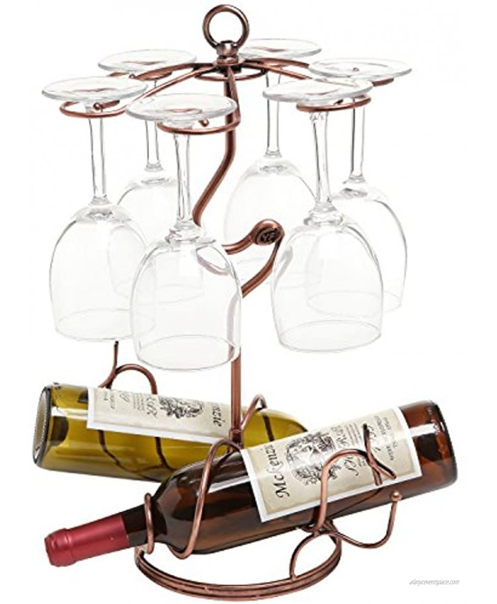 MyGift Tabletop Scrollwork Bronze Metal 2 Wine Bottle Holder Storage Rack 6 Glasses Stemware Display Stand