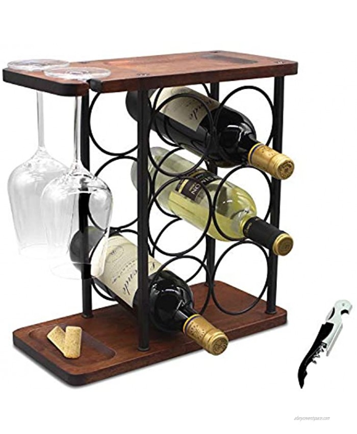 SASIDO Wine Rack with Glass Holder Countertop Wine Rack Wooden Wine Holder with Tray Perfect for Home Decor & Kitchen Storage Rack etc Hold 6 Bottles and 2 Glasses