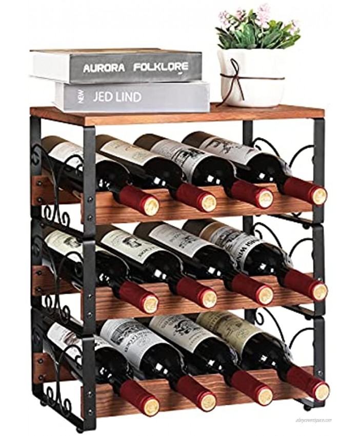 3 Tier Stackable 12 Bottle Wine Rack Rustic Wine Holder Stand with Top Wood Shelf Countertop Wine Rack Organizer Tabletop Wine Holder Storage Shelf