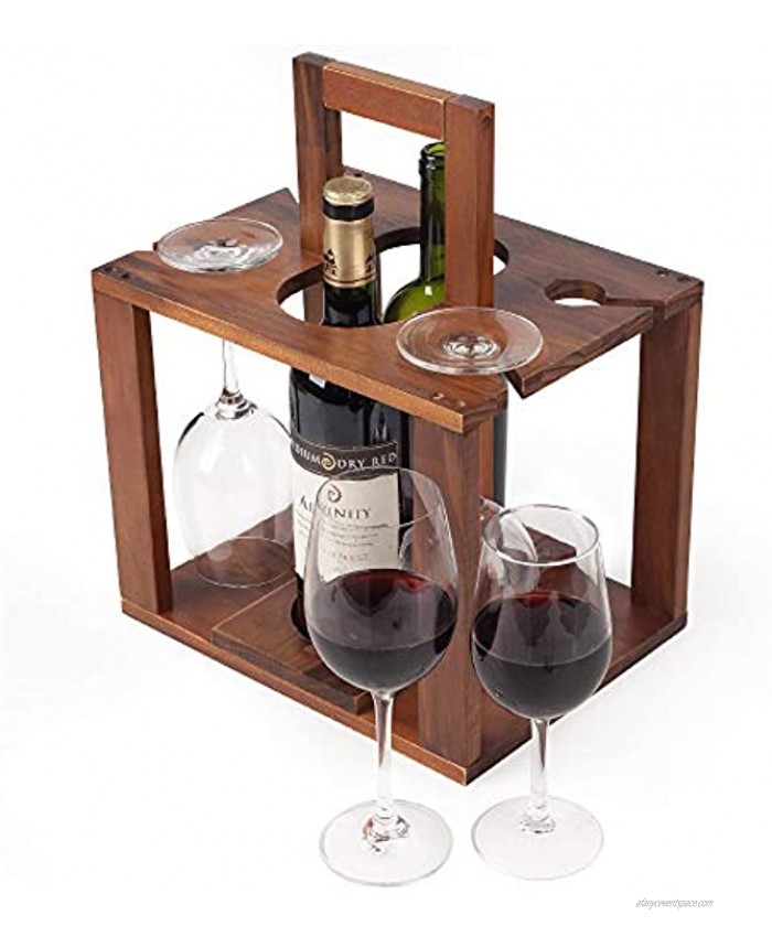 BARGIFTS Wine and Glass Caddy Wine Rack Holds 4 Pieces of Glass Plus 2 Bottles of Your Favorite Wine Rustic Handcrafted Design  Sturdy Top Handle for Easier Carrying,