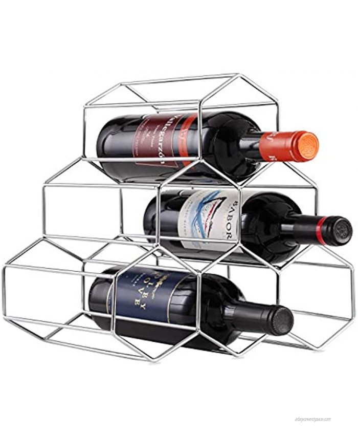 Buruis 6 Bottle Countertop Wine Rack Wine Holder for Red White Wine Storage Freestanding Metal Wine Rack Silver-Honeycomb