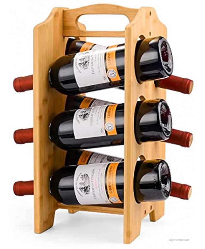 Sunix Bamboo Wine Rack Wine Bottle Caddy Tabletop Bottle Holder Organizer Portable Wine Stand for 6 Bottle Wooden Storage