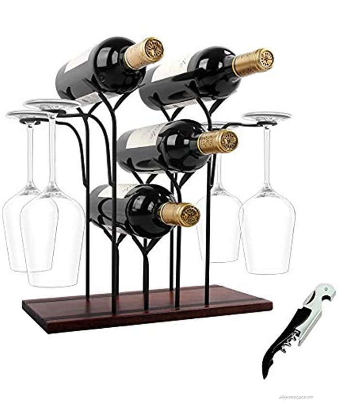Wine Rack Countertop Wine Holder and Glass Holder Hold 4 Wine Bottles and 4 Glasses Perfect for Home Decor & Kitchen Storage Rack Bar Wine Cellar Cabinet Pantry etc Wood & Metal Bronze