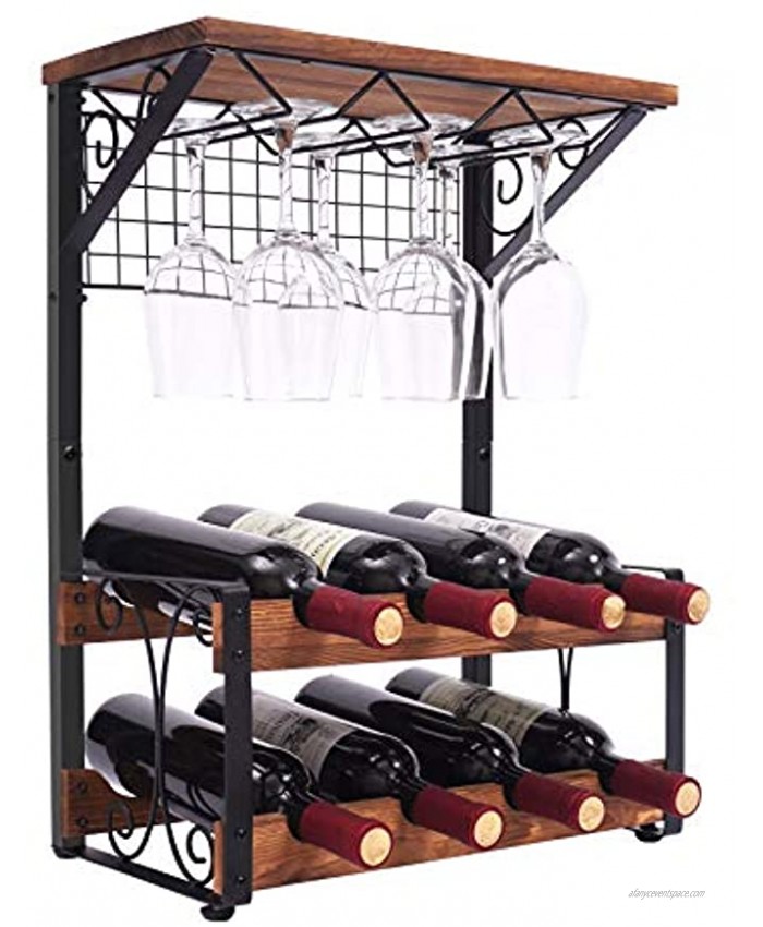 X-cosrack 2 Tier Solid Wood Wine Rack Hold 8 Wine Bottles and 6 Glasses Countertop Wine Storage Stand Freestanding Wine Holder Display Shelves for Kitchen Pantry Cellar Bar