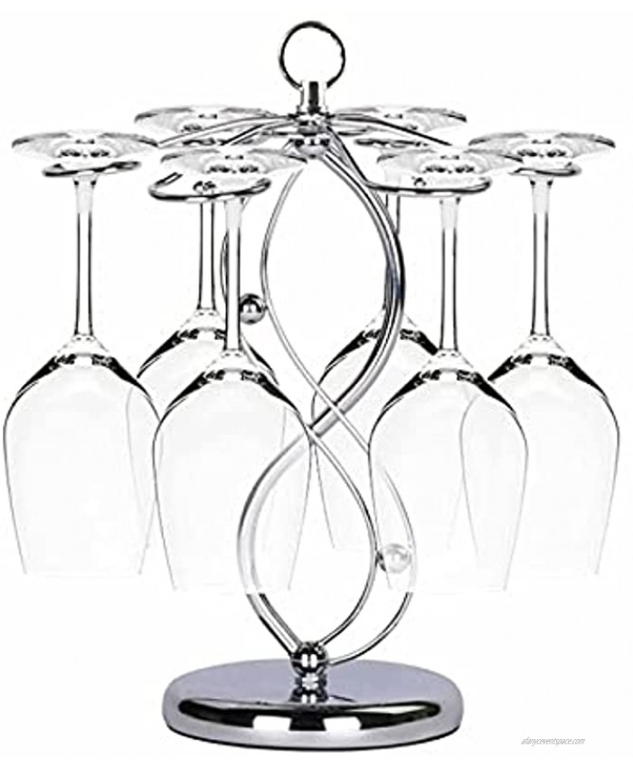 Hamnor Wine Glass Holder with 6 Hooks Artistic Elegant Freestanding Tabletop Stemware Storage Rack Metal Glass Display Rack Silver