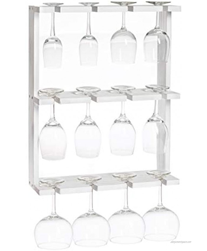 Ilyapa Wine Glass Rack Wall Mounted 3 Tier Rustic Weathered White Wood Stemware Storage Holder