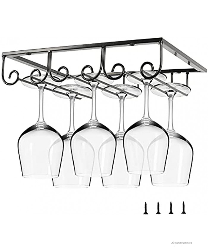 Lifancy Hemming Hanging Wine Glass Rack Under Cabinet Stemware Rack Wine Glass Holder Storage for Cabinet Kitchen Bar Black 3 Rows