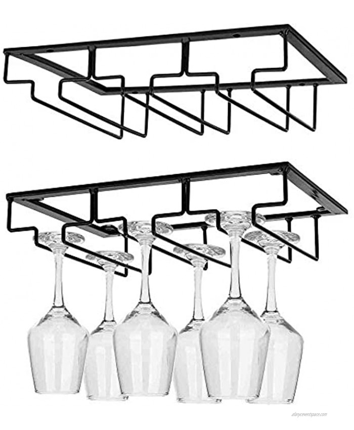 Wine Glass Rack Under the Cabinet Shelf Stemware Wine Glass Holder Glasses Storage Hanger Metal Organizer for Cabinet Bar Kitchen Black 3 Rows 2 Pack