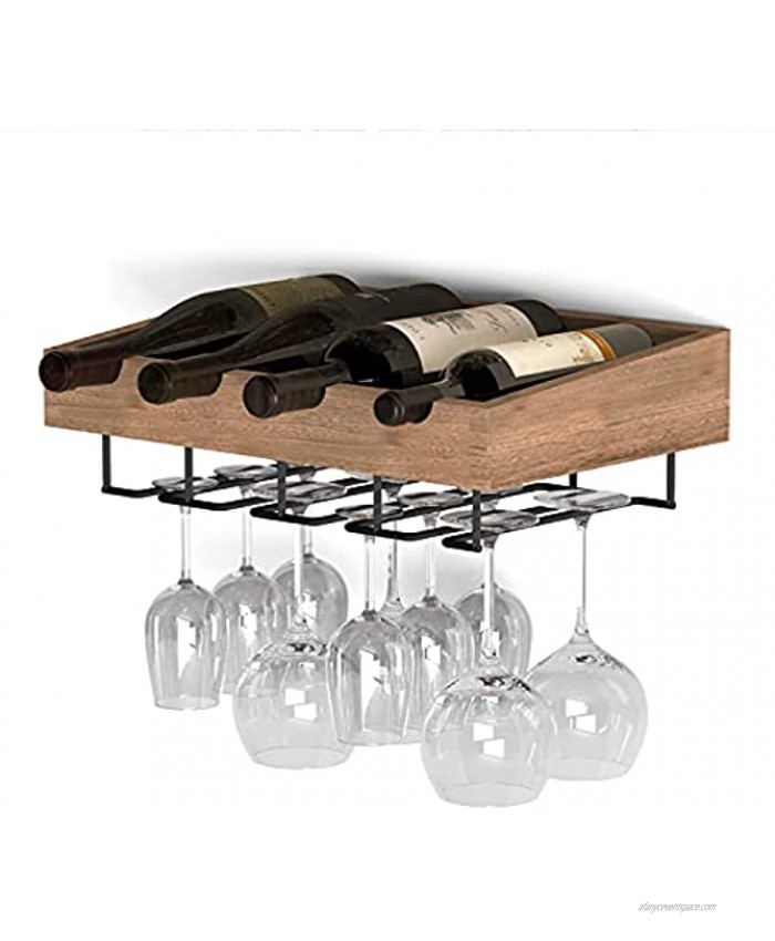 Brightmaison Crete Wine Rack Wall Mounted with Wine Glass Holder Wine Storage and 4 Bottle Rack for Rustic Wall Decor Wood Walnut