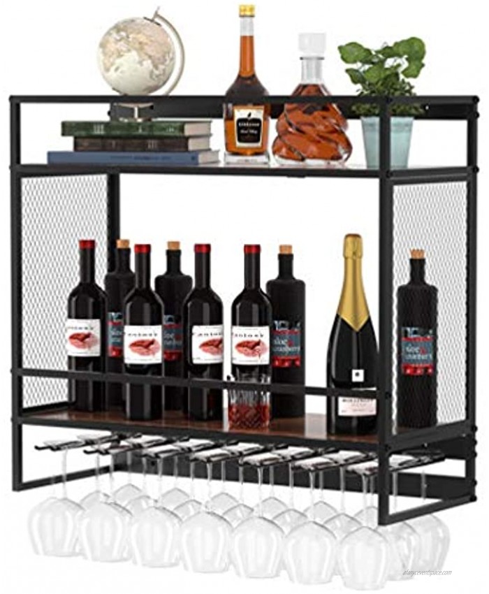 Dulcii Industrial Wine Racks X-Large Wall Mounted Wine Rack with 7 Stem Glass Holders and Mug Holder Hanging Wine Rack 2-Tier Wooden Shelves Wine Bottle Stemware Glass Rack for Kitchen Bar or Home